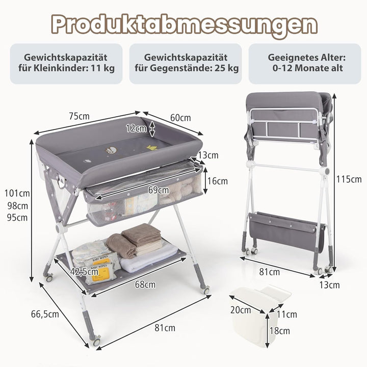 DREAMADE Wickeltisch Klappbar, Tragbare Wickelstation Baby mit Wasserbecken, Aufbewahrungskorb, Sich