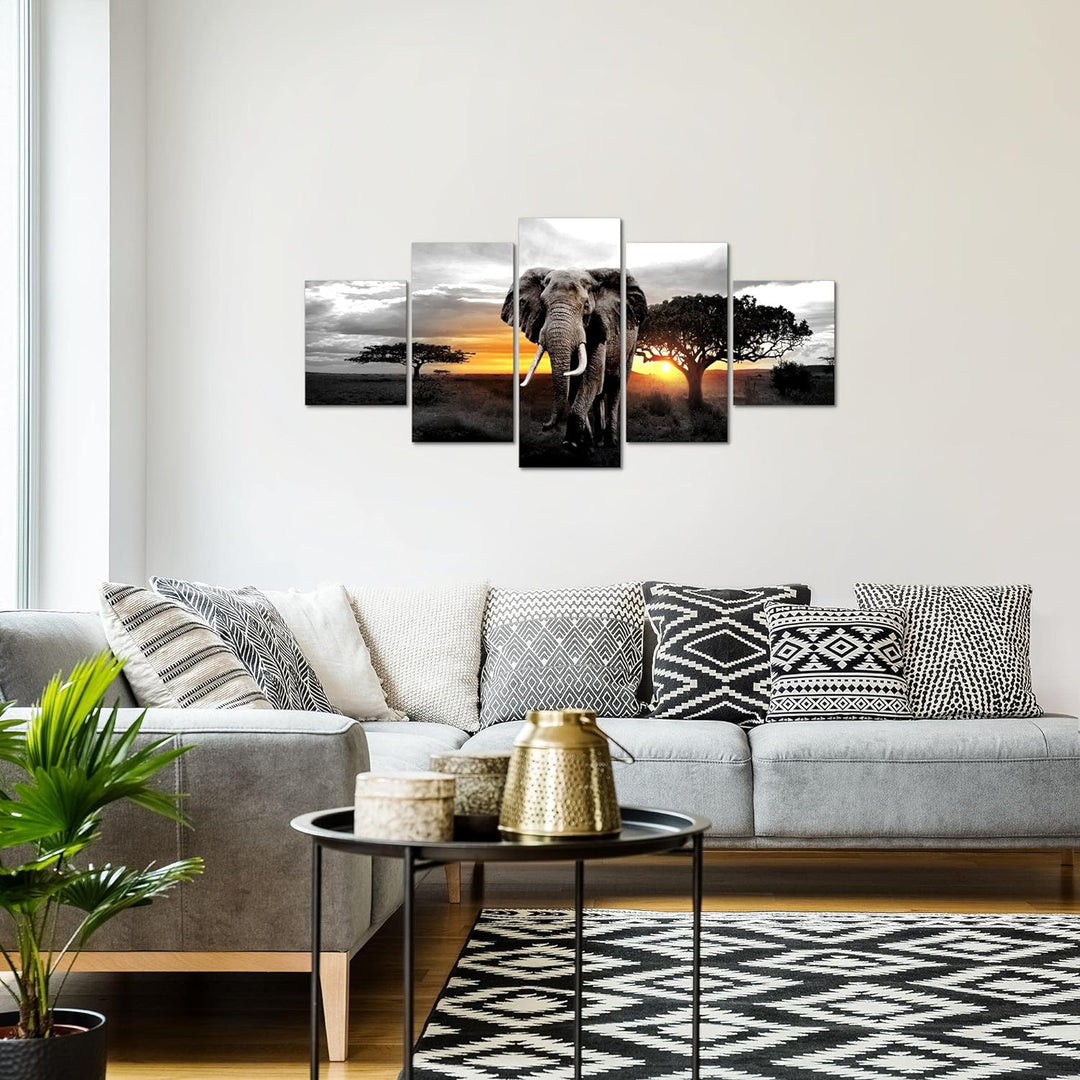 Runa Art Wandbilder Afrika Elefant 5 Teilig Bild auf Vlies Leinwand Deko Wohnzimmer Schlafzimmer Pan