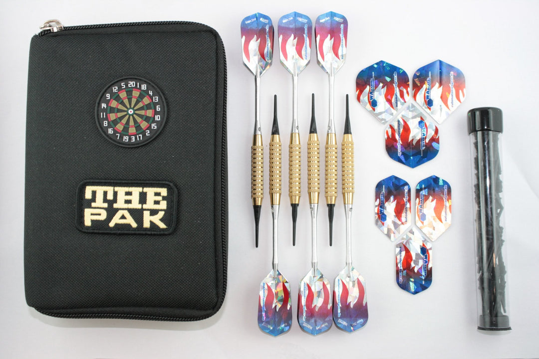 6 Dartpfeile in PAK Darttasche mit Zubehör (Pfeile Messing)
