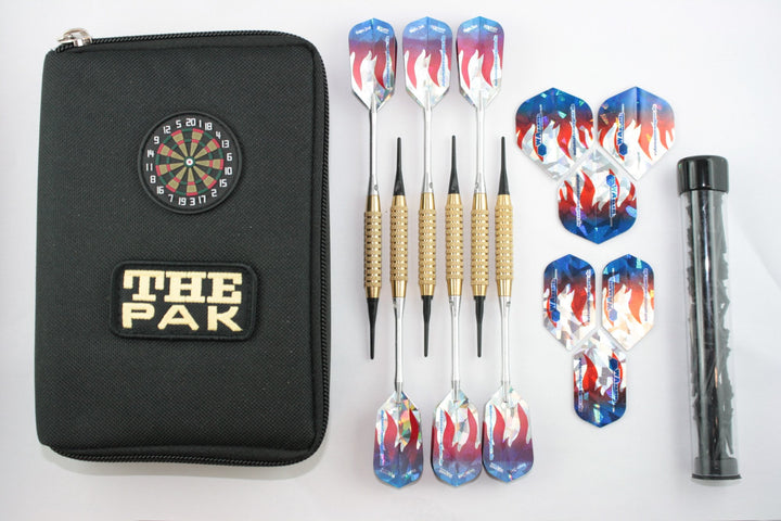 6 Dartpfeile in PAK Darttasche mit Zubehör (Pfeile Messing)