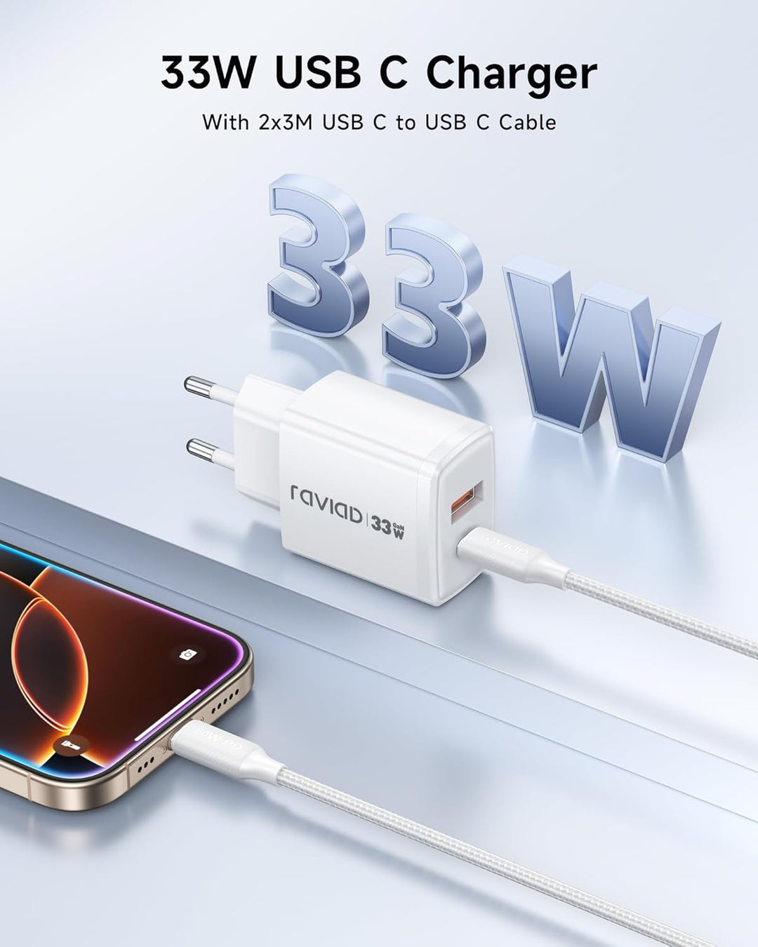 RAVIAD 33W USB C Ladegerät GaN Netzteil 2-Pack, 2-Port [USBC + USBA] PD Schnellladegerät mit USB C K
