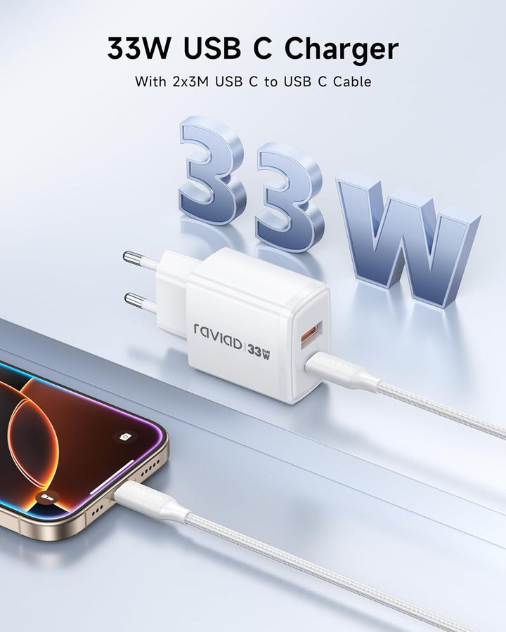 RAVIAD 33W USB C Ladegerät GaN Netzteil 2-Pack, 2-Port [USBC + USBA] PD Schnellladegerät mit USB C K