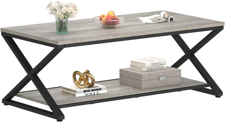HSH Couchtisch mit Stauraum Grau Wohnzimmertisch Industrielles Holz und Metall Teetisch Rechteckiger