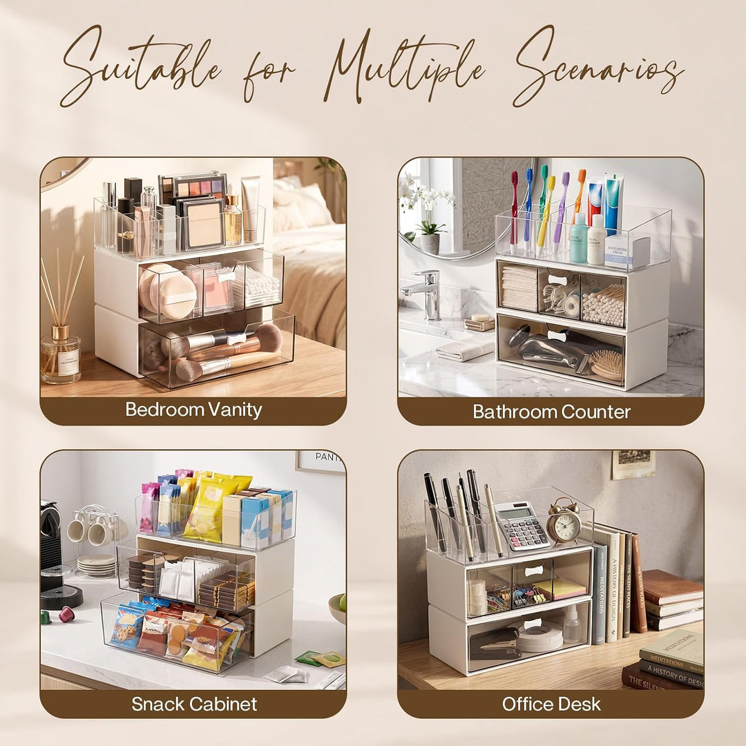 Stapelbarer Kosmetik Organizer 3er Set, Make-up Organizer mit Lippenstiftfach, Einzelfach und 3-Fäch