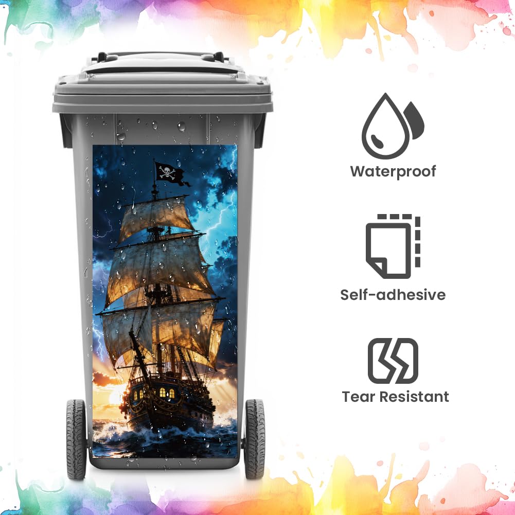 ANATTASOUL Mülleimer Aufkleber, 2 Blätter Mülltonnen Aufkleber 38×82cm Sturm Piratenschiff Selbstkle