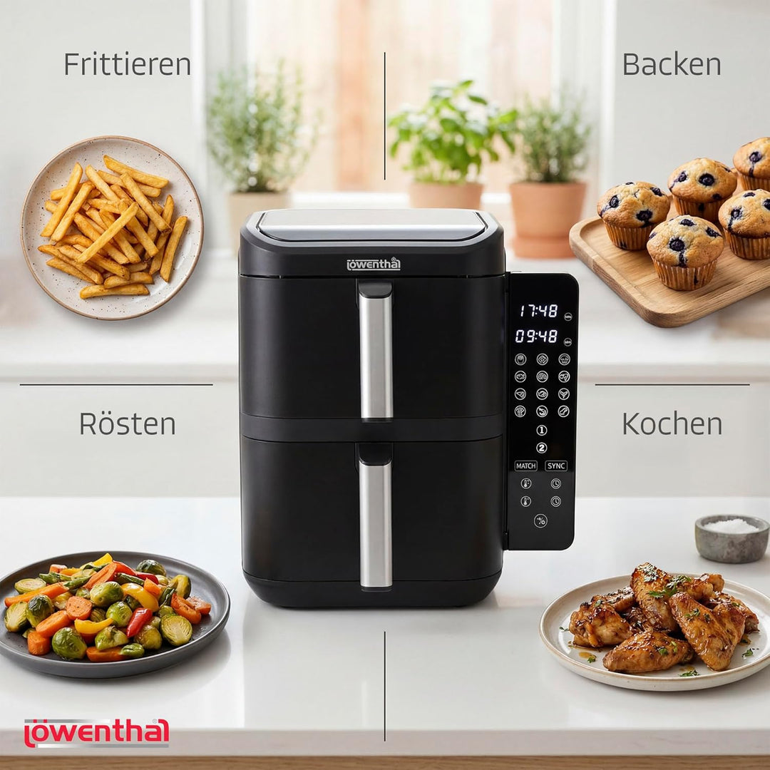 Löwenthal Airfryer XL 11L | Heissluftfritteuse mit Doppelkammer 5.5L + 5.5L | 2800W | Digitales Touc