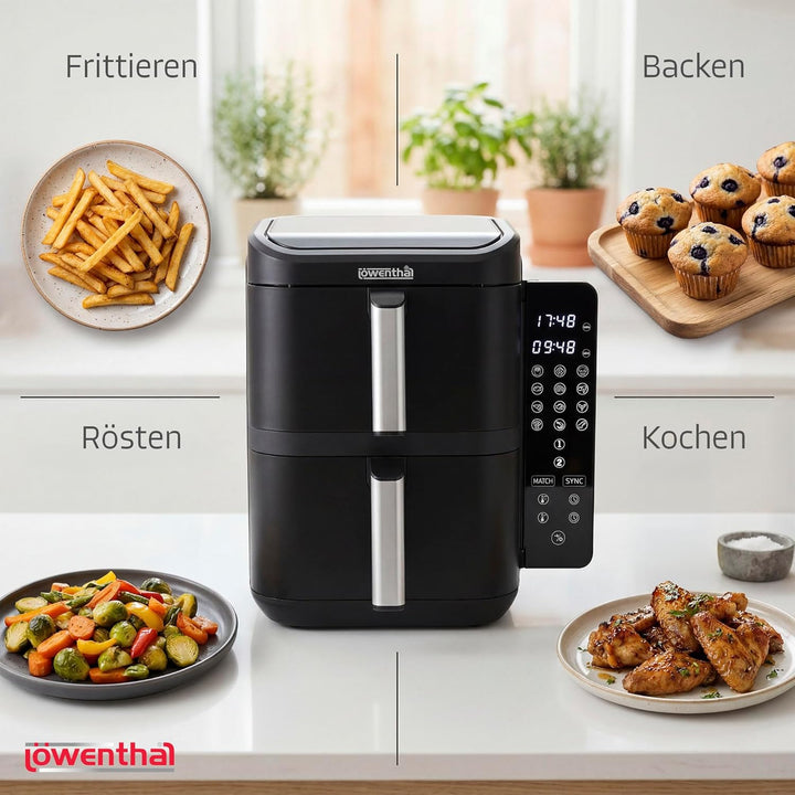 Löwenthal Airfryer XL 11L | Heissluftfritteuse mit Doppelkammer 5.5L + 5.5L | 2800W | Digitales Touc