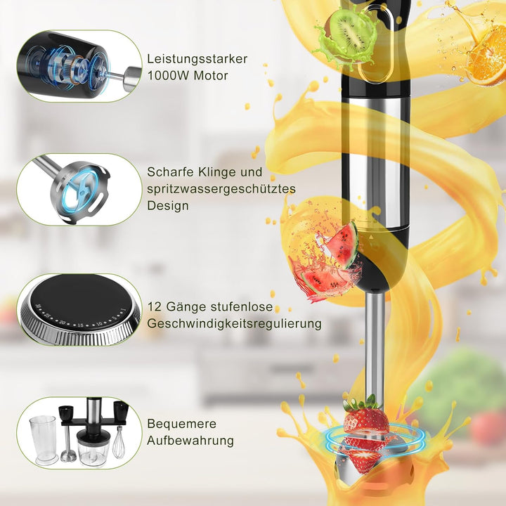 Dreamhigh® 4-in-1 Elektrische Stabmixer Set, 1000W Purierstab mit 12 Geschwindigkeiten & TURBO, inkl
