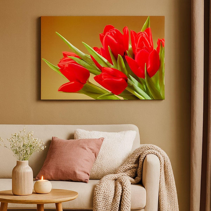 Bilder auf Leinwand Tulpen Blumen Feld Plantage Leinwandbild 70x50cm Wandbilder Dekoration Wohnzimme