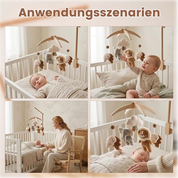 Safari Dschungel Plüsch Baby Mobile,Elefant Löwe und Blätter Holz Handgemachte Windspiel für Babybet
