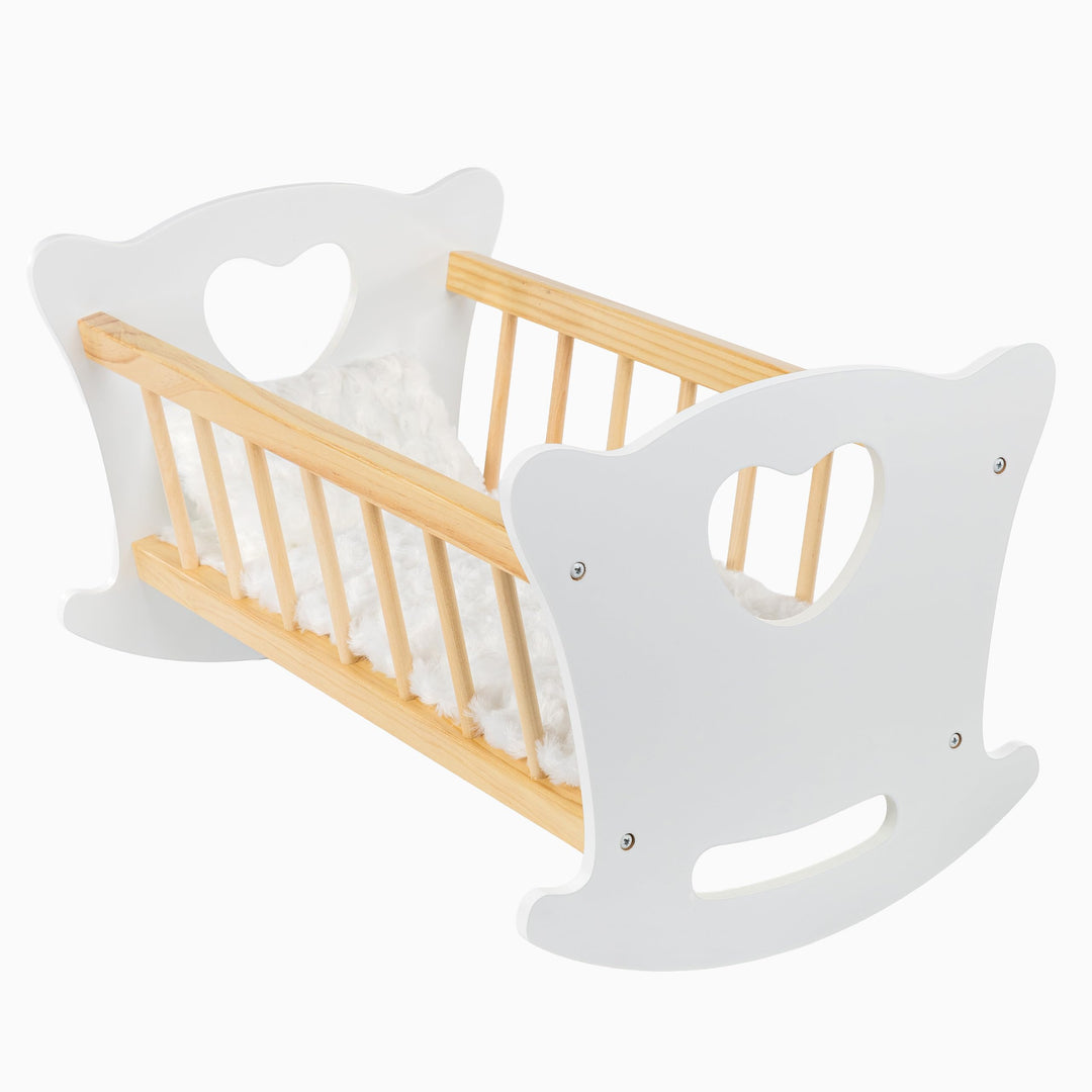 Kinderplay Puppenwiege Holz mit Bettwäsche – Puppenbett Schaukelbett für Puppen bis 49,5 cm – Holzsp