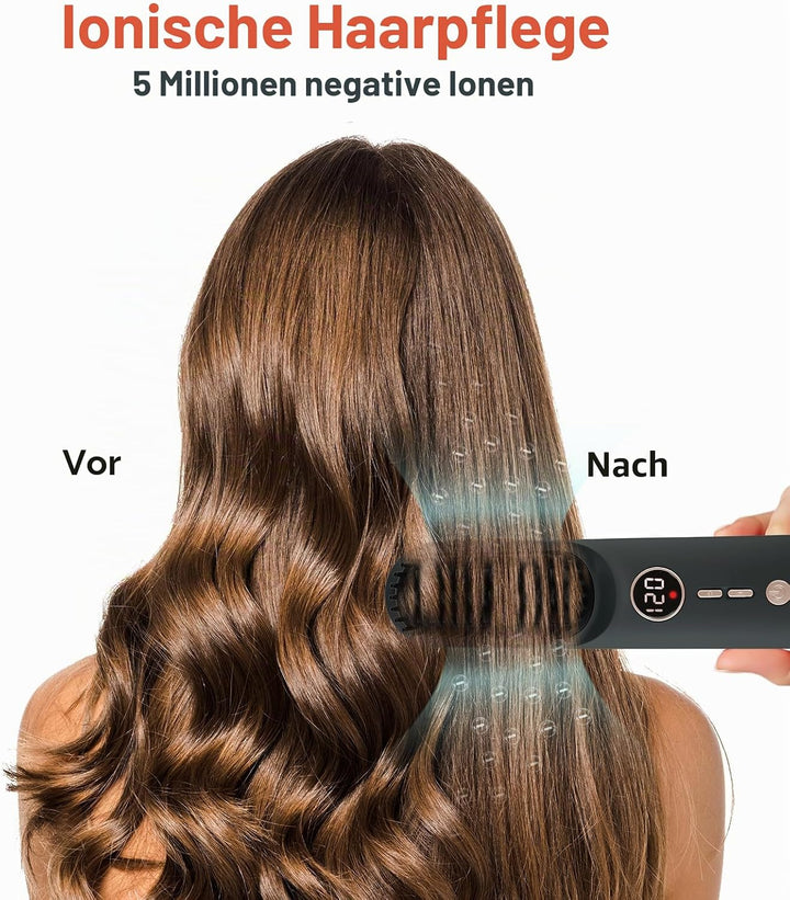 TANSHINE Mini Glättbürste Kabellos für Reise,6000mAh Ionen Haarglätter Bürste Akku, Glätteisen Locke