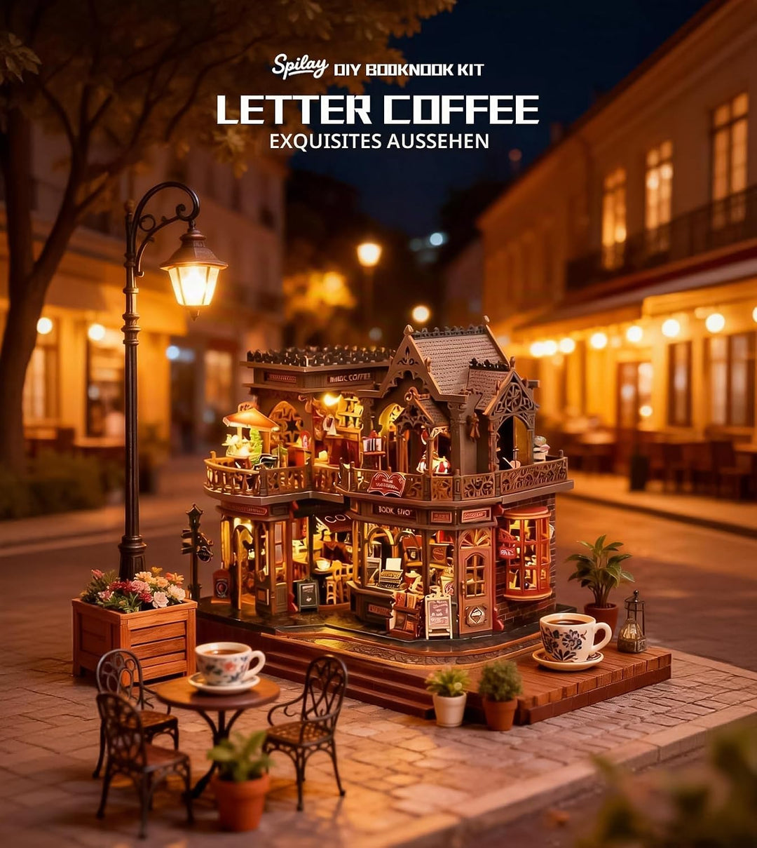 Spilay Miniatur Haus, Letter Coffee DIY Miniature House mit LED-Licht, 3D Holz Puppenhaus Bastelset