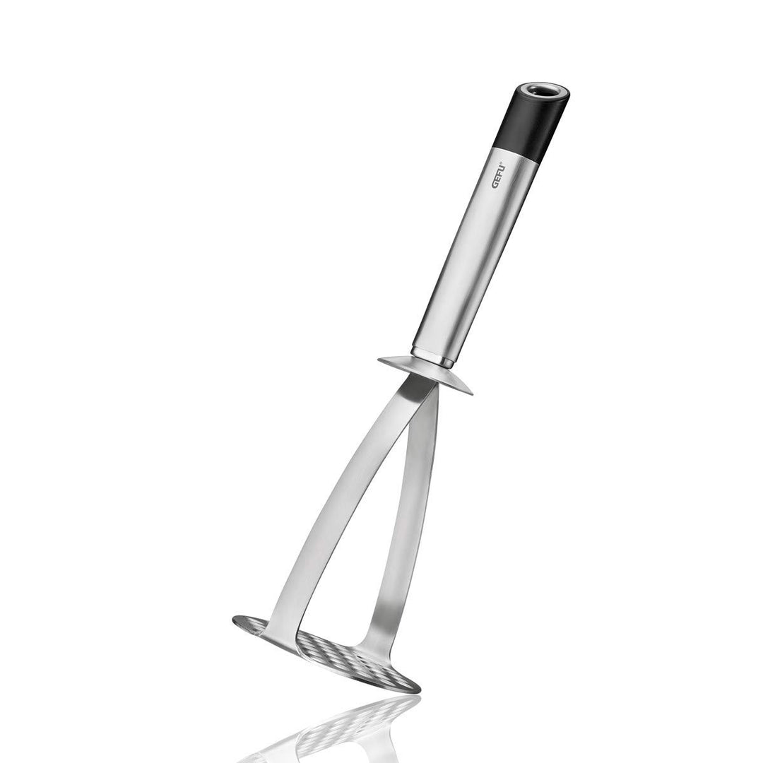 Gefu 29204 Ovaler Edelstahl Kartoffelstampfer PRIMELINE mit Fingerstopp aus Kunststoff, Silber / Sch