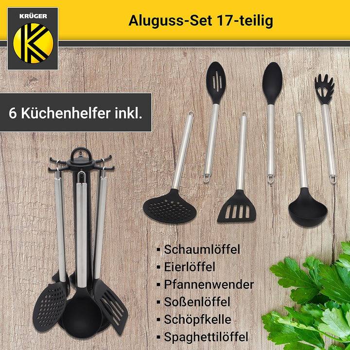 Krüger Aluguss-Set 17-teilig - antihaft-versiegeltes Topf- und Pfannenset mit Küchenhelfer - hohe Hi