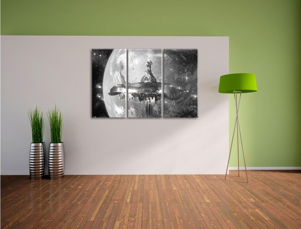 Pixxprint Raumschiff vor der Erde / 3-Teilig/Gesamtmass 120cm Leinwandbild bespannt auf Holzrahmen/W