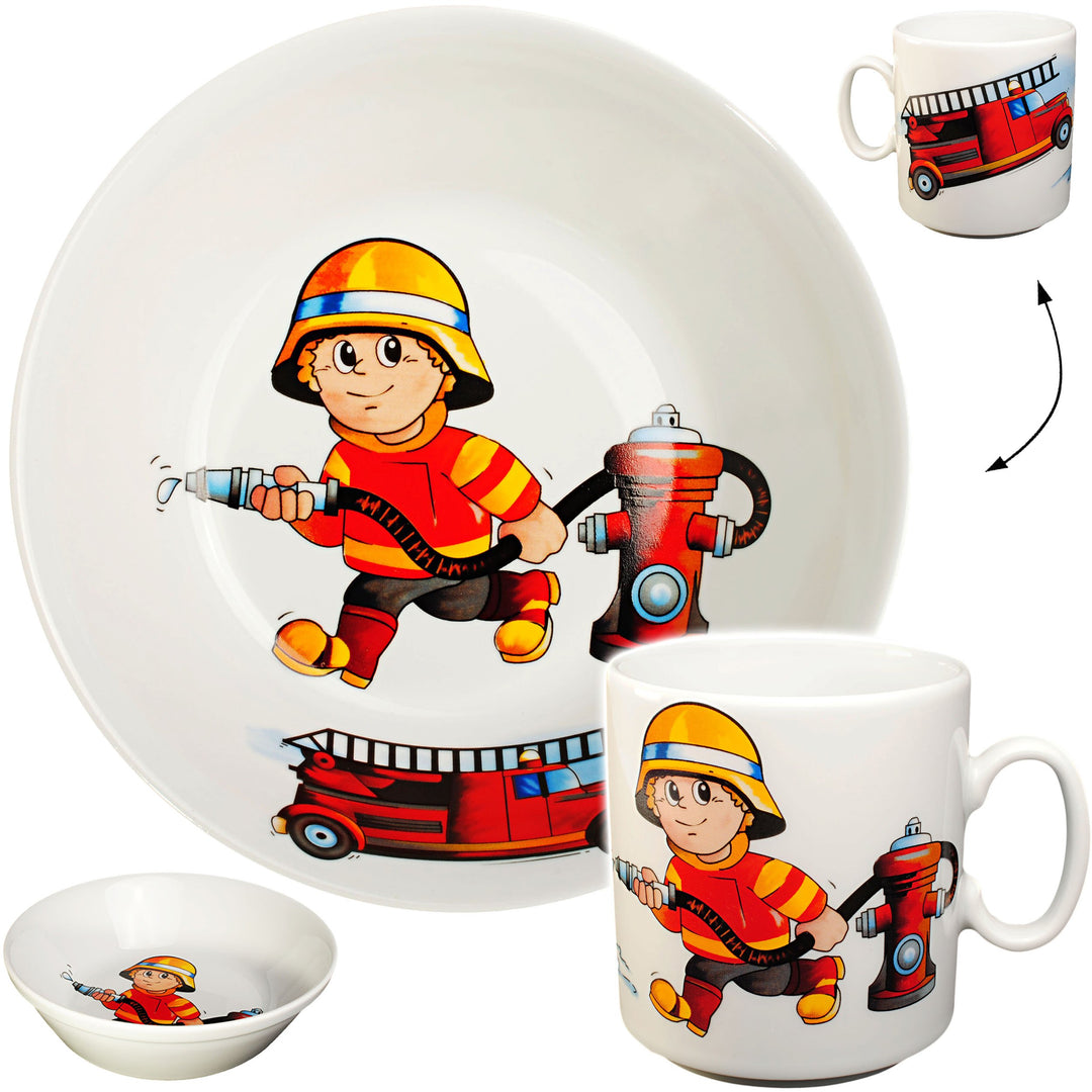 2 TLG. Set Tasse + hoher Teller/Suppenteller/Müslischale - Feuerwehr - Feuerwehrmann & Feuerwehrauto
