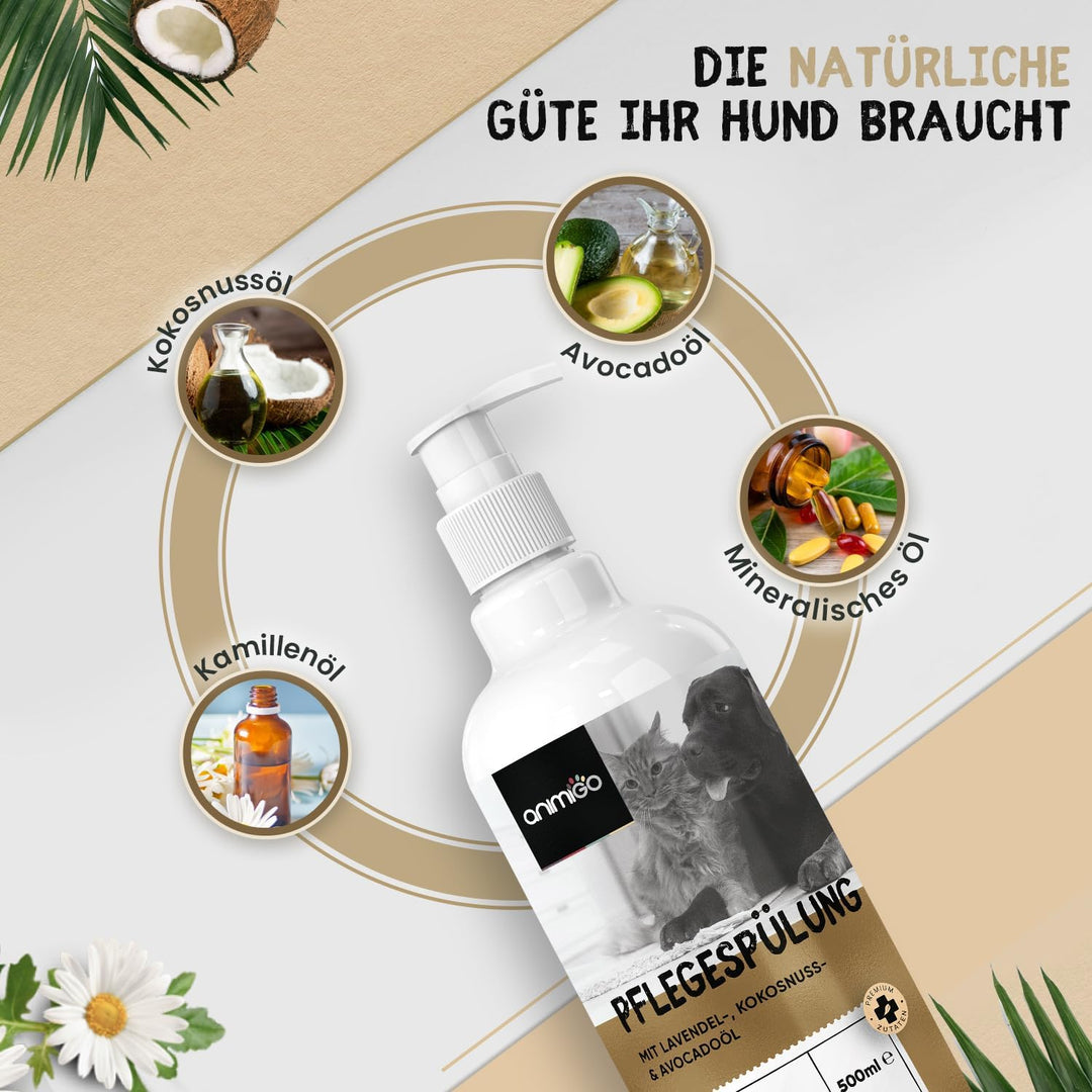 animigo Conditioner für Hunde & Katzen - 500ml Spülung - Mit Kokosöl & Avocadoöl - Für Langhaar & Ku