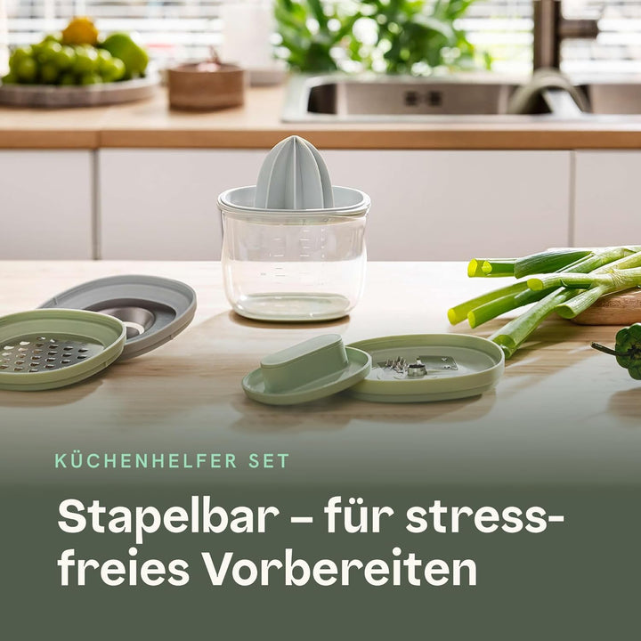 BergHOFF Home Küchenhelfer - 6 in 1 - Messbecher, Eiertrenner, Küchenreibe, Spiralschneider, Zitonen