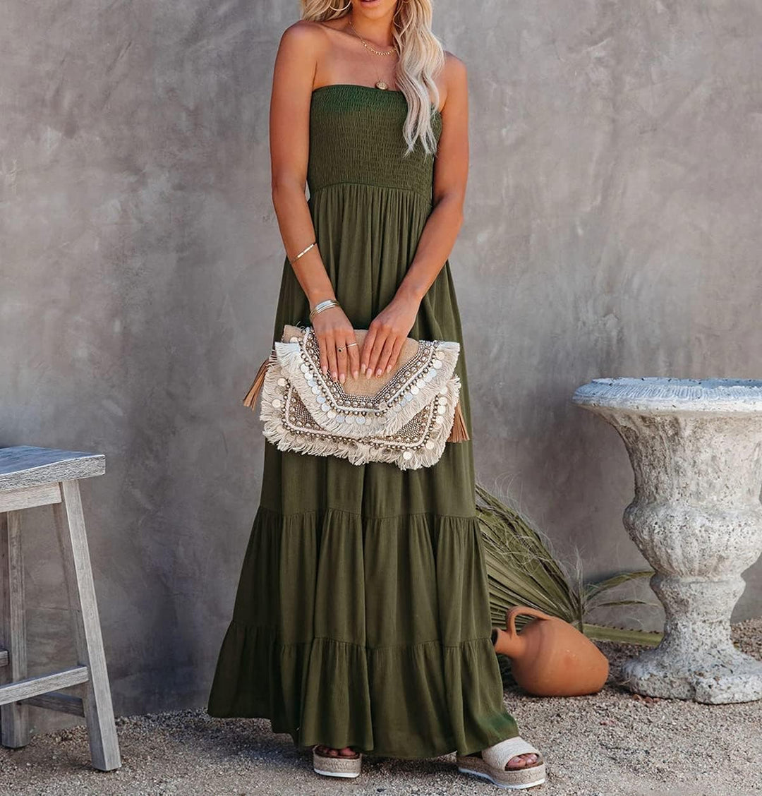 R.Vivimos Sommer Boho Trägerloses Bandeau Shirred Blumen Rüschen Tube A Linie Midikleid S Armeegrün