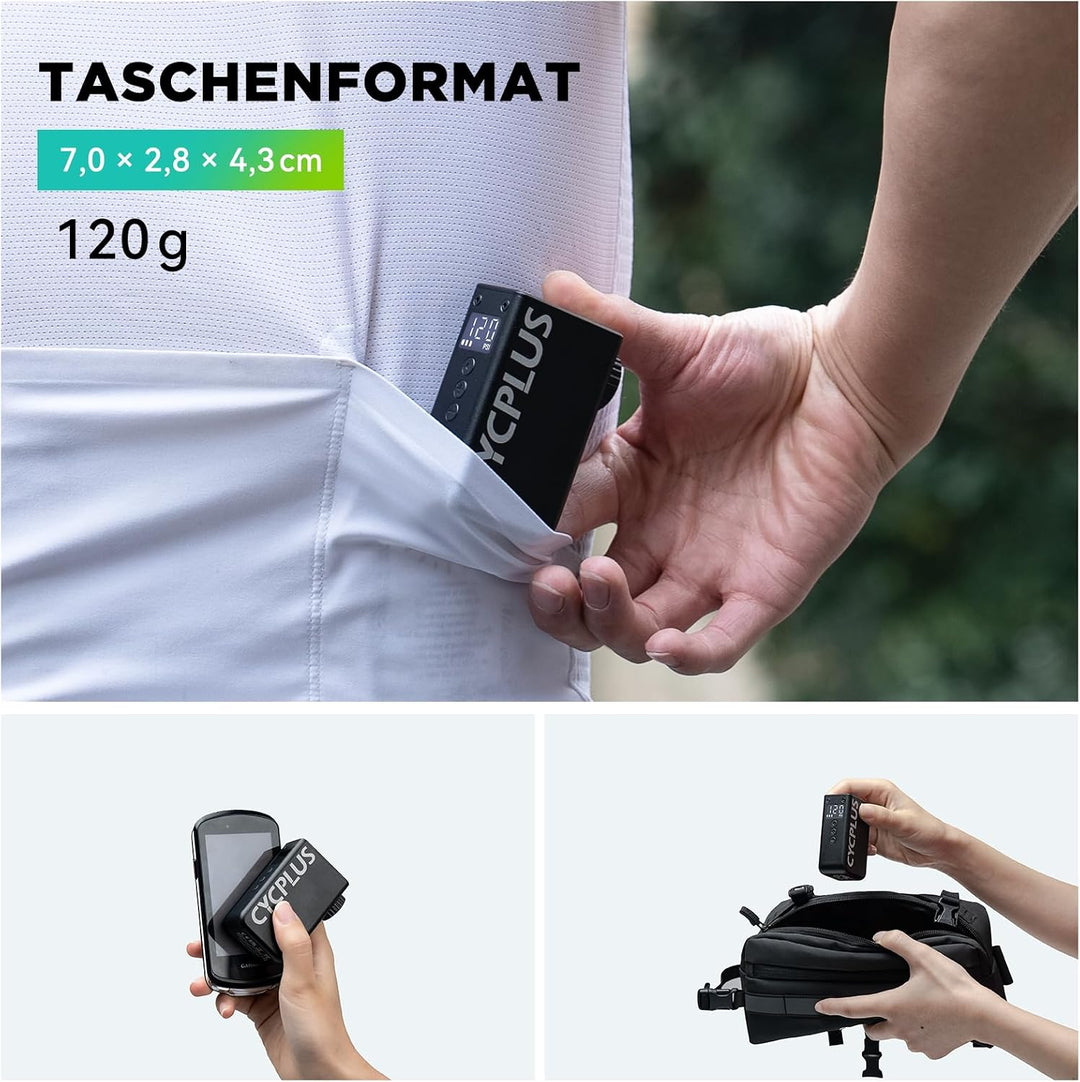 CYCPLUS AS2Pro Tiny Elektrofahrradpumpe, 120g, Aluminiumgehäuse | 120PSI, Auto-Stopp, Druckanzeige,
