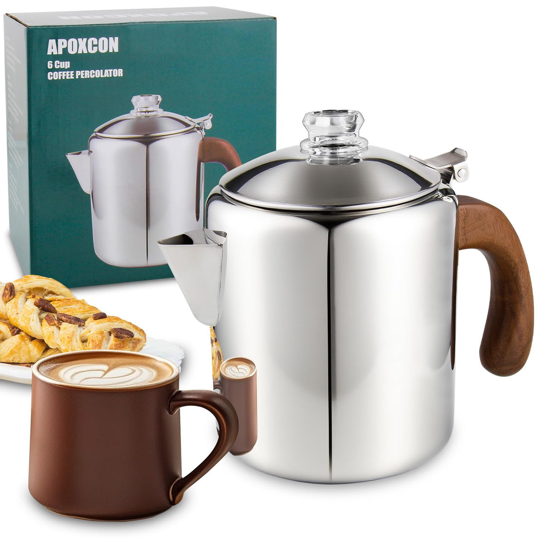 APOXCON Edelstahl-Kaffeekanne aus Edelstahl mit feuerfestem Holzgriff &amp; sichtbarem Brühknauf für all