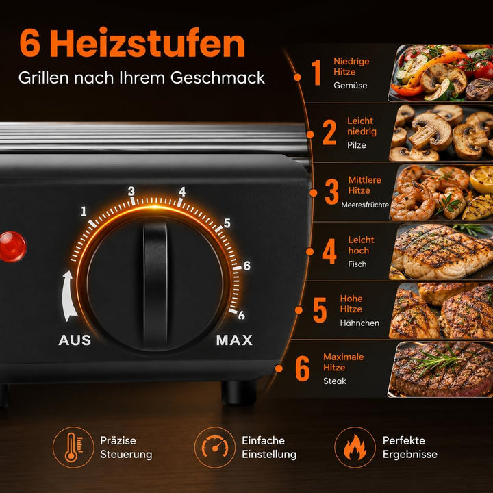 Elektrogrill Tischgrill 2000W Rauchfrei Kompakt Balkon Küche Schwarz | 2000W Schnelles Aufheizen, Vo