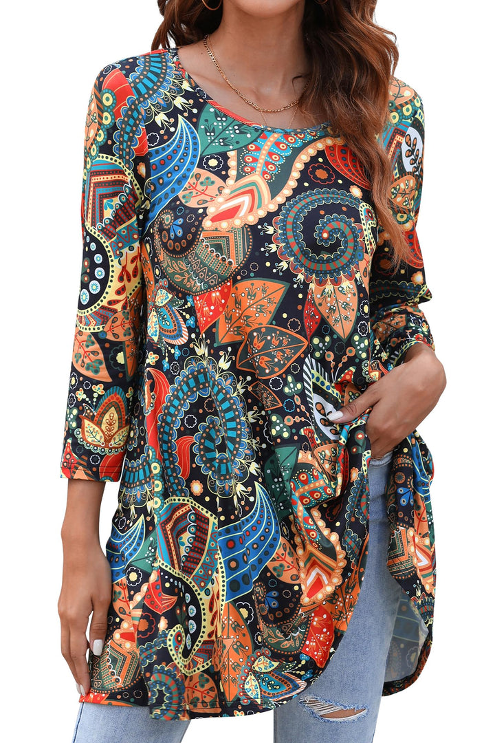 Enmain Damen Tunika Shirt Langarm/Kurzarm Bluse mit Blumen Longshirt Casual Elegante 3/4 Ärmel Rundh