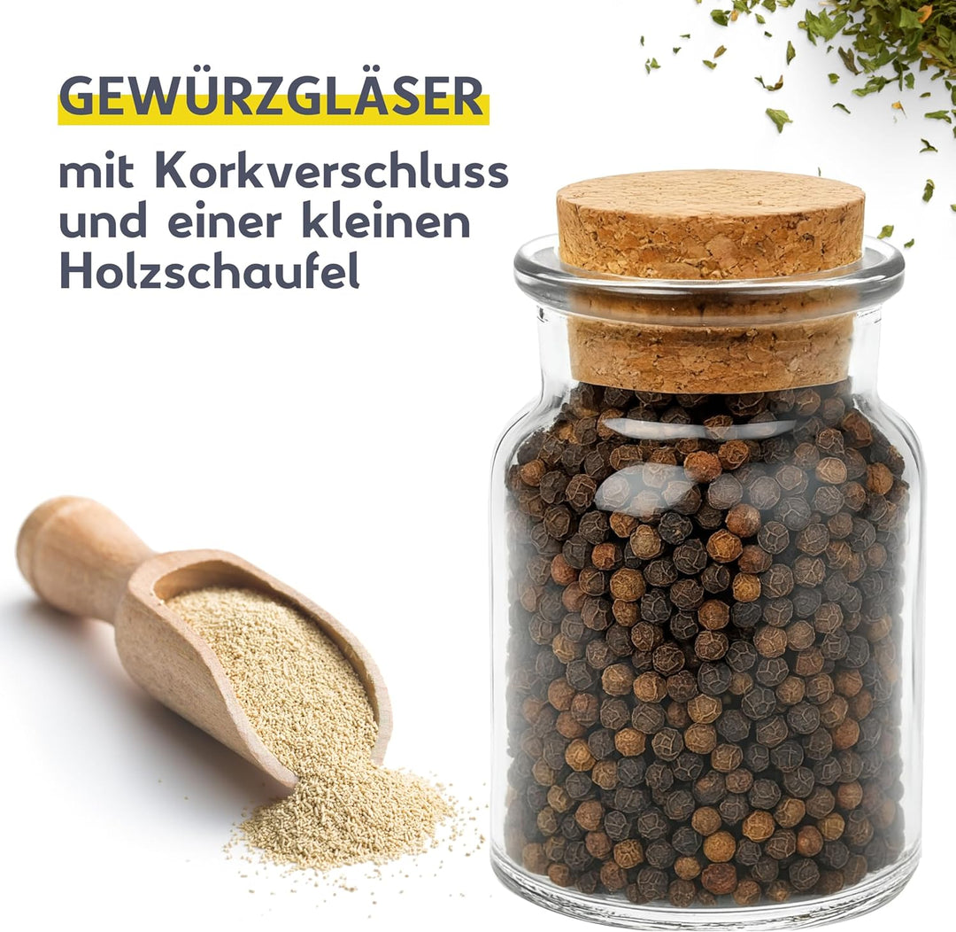 mikken 24 Gewürzgläser 150ml mit Korken – runde Glasbehälter mit Kork-Verschluss inkl. Holzschaufel