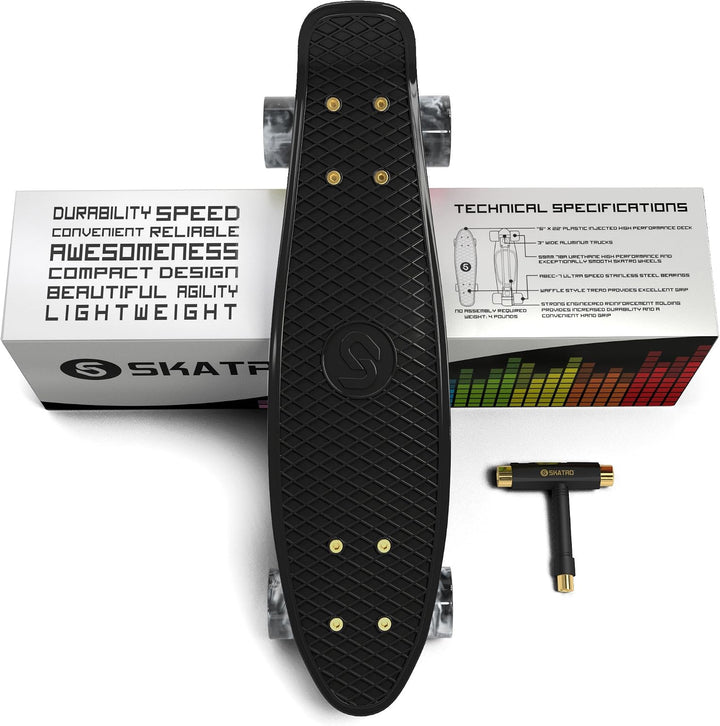 Skatro - Mini-Cruiser-Skateboard. 22 Zoll Kunststoff-Board im Retro-Stil, komplett mit Black Mamba,