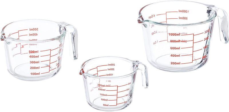 Relaxdays Messbecher Set, 3-teilig, Glasmessbecher 250 ml, 500 ml, 1l, hitzebeständig, mikrowellenge