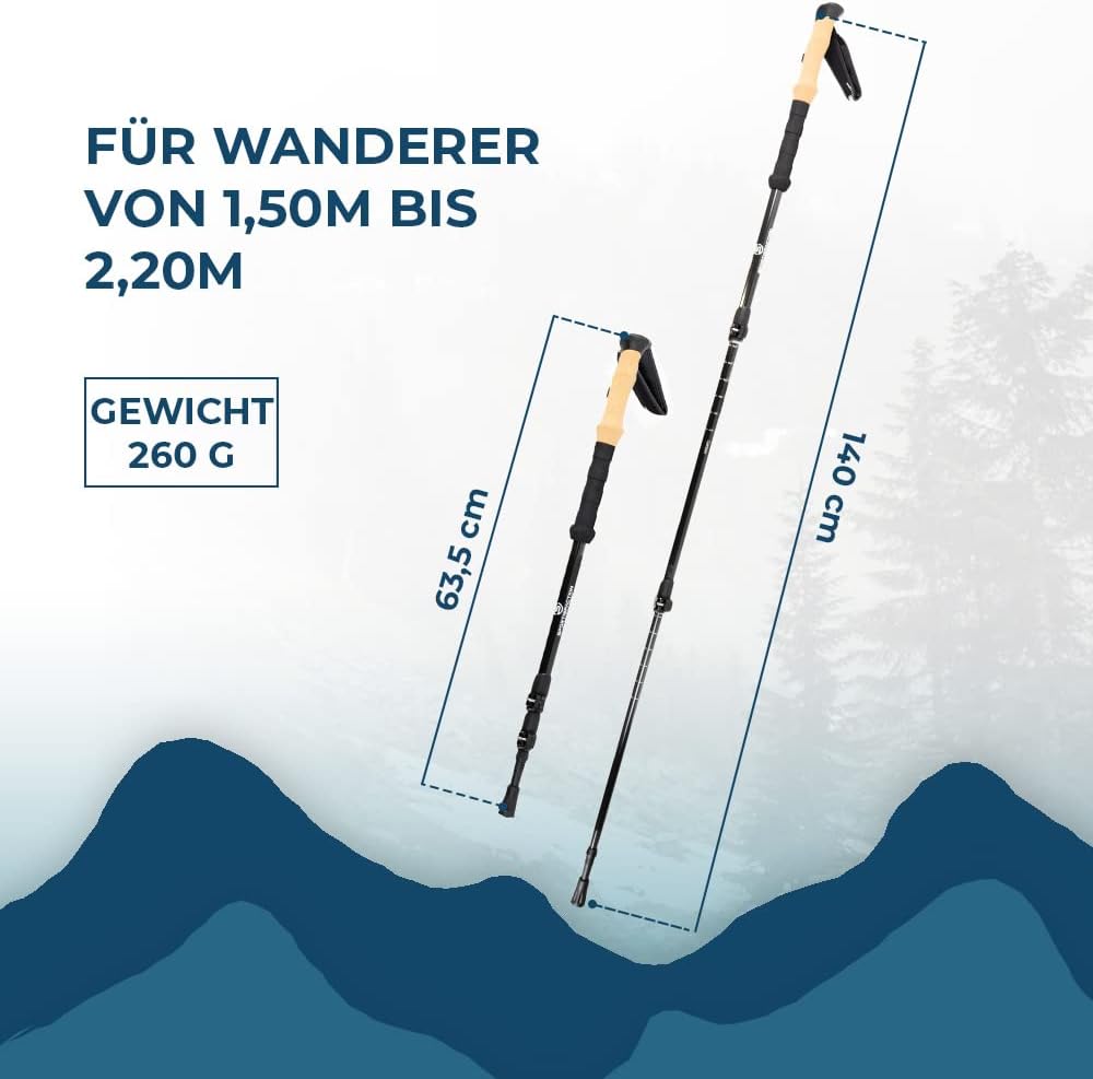 Sportisfaction Carbon Wanderstöcke | Stufenlose Teleskop Verstellung | Korkgriff für Komfort | Leich
