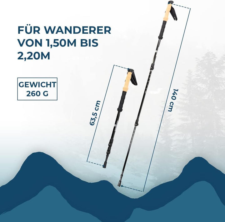 Sportisfaction Carbon Wanderstöcke | Stufenlose Teleskop Verstellung | Korkgriff für Komfort | Leich