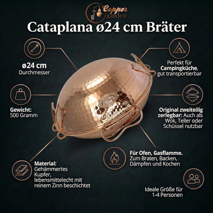 CopperGarden® Cataplana Bräter aus handverzinntem gehämmerten Kupfer mit ca 24 cm Durchmesser I Port