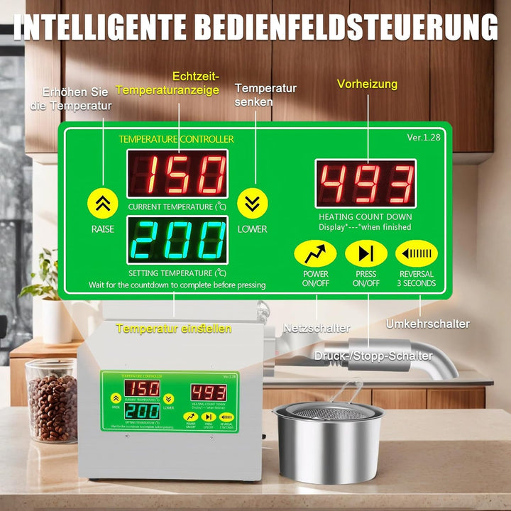 Automatische Ölpresse, 820 W Edelstahl-Ölpresse, einstellbare Temperatur von 40 bis 240 °C, Heiss- u
