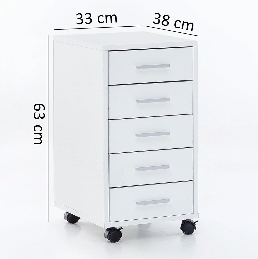 FineBuy Rollcontainer Weiss 33 x 63 x 38 cm Holz Schubladenschrank Schreibtisch, Büro Schrank mit 5