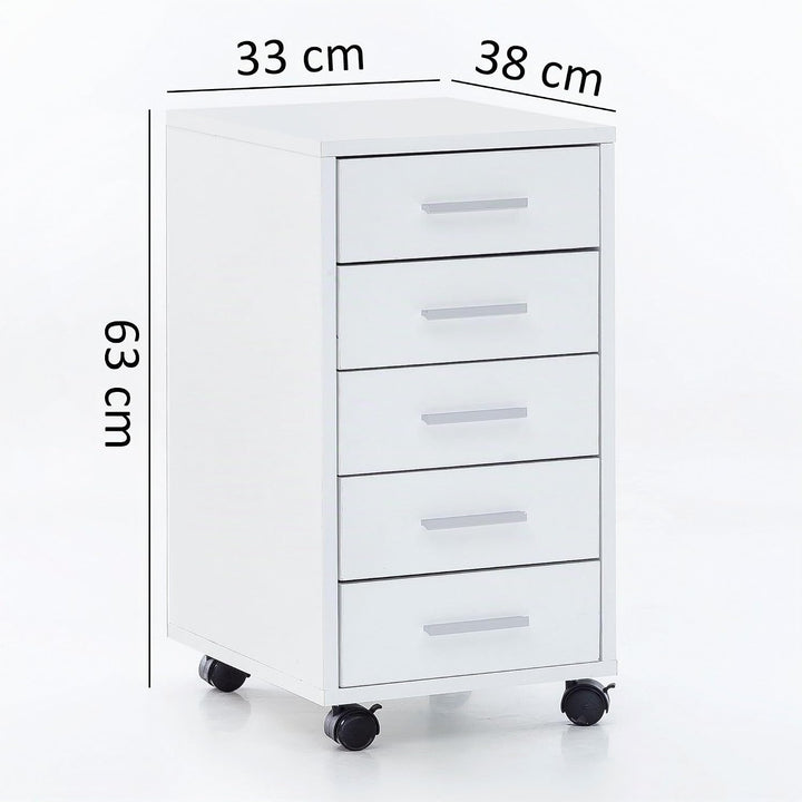 FineBuy Rollcontainer Weiss 33 x 63 x 38 cm Holz Schubladenschrank Schreibtisch, Büro Schrank mit 5