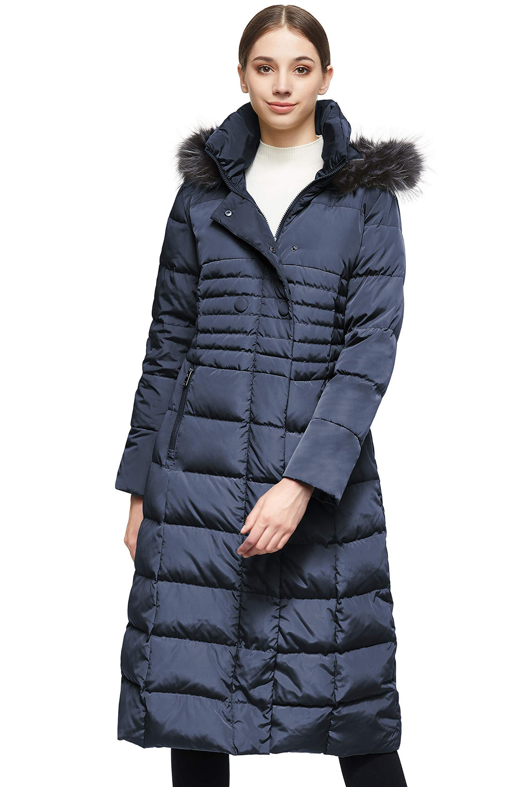Orolay Damen Daunenmantel Lang Warm Winterjacke mit Kapuze Kunstpelz XXL Marine, XXL Marine