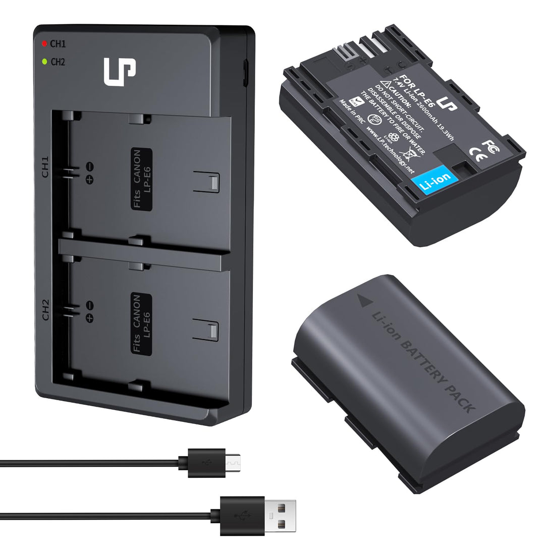 LP LP-E6 E6N Akkuladegerät-Set, 2er-Pack 2600mAh Akku &amp; Doppelladegerät | Kompatibel mit Canon EOS R