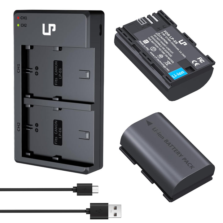 LP LP-E6 E6N Akkuladegerät-Set, 2er-Pack 2600mAh Akku &amp; Doppelladegerät | Kompatibel mit Canon EOS R