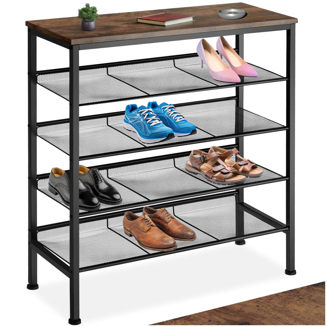 tectake 800948 Schuhregal schmal mit Ablagefläche, Schuhablage aus Holz Metall, Industrie-Design, 5