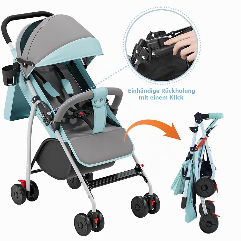 Kinderwagen Buggy Liegefunktion, Leichter 4-Rad Buggy ab 0–4 Jahre, Verstellbare Rückenlehne, Klein