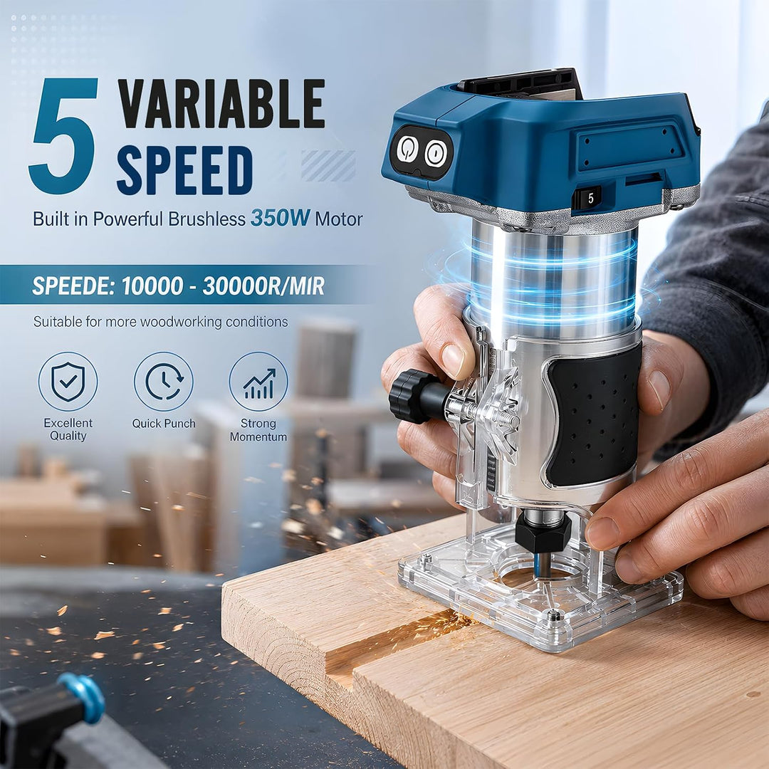 Akku Oberfräse Kompatibel mit Makita 18V Akku, 800W Bürstenloser Trimmer Einhandfräse Kantenfräser,