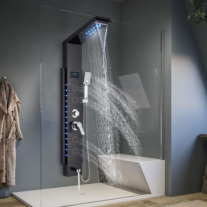 Duschpaneel Schwarz LED Multifunktion Mit Edelstahl Eckmontage Regendusche DuschsäUle Badewannenarma