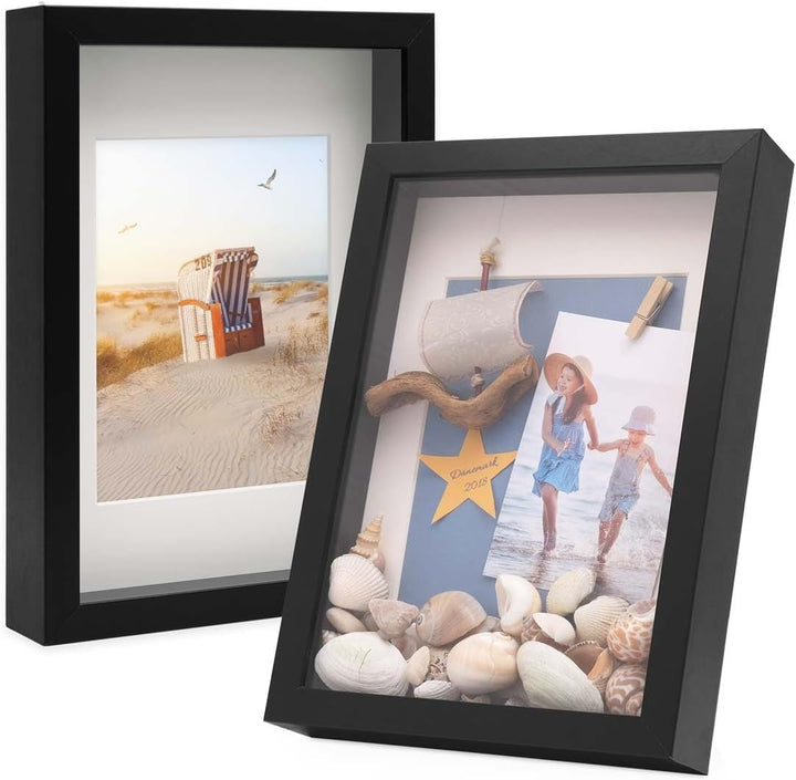 3D-Bilderrahmen zum Befüllen A4 21x30 cm, Schwarz, Bilderrahmen extra tief mit Passepartout, 2er Set