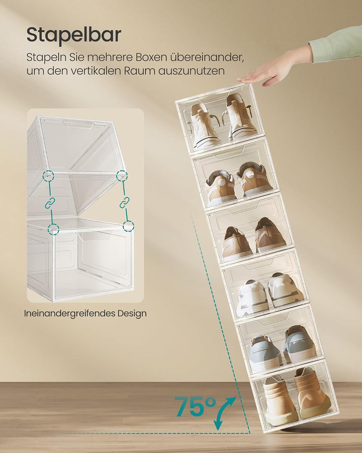 SONGMICS Schuhboxen, 6 Stück, Organizer mit Tür, Schuhregal aus Kunststoff, stapelbar, einfache Mont