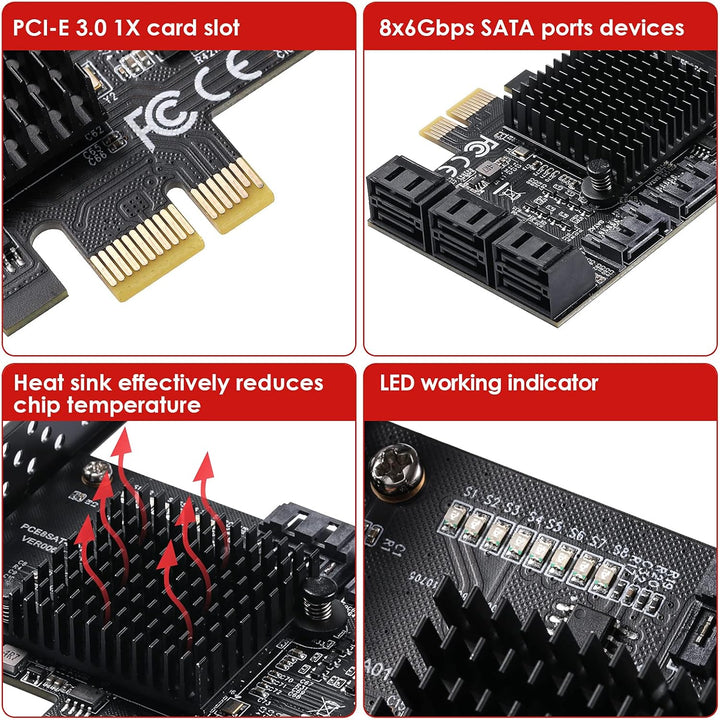 MZHOU SATA PCIE Karte,8 SATA Port ASM1064+575 3.0 PCIe Card with 8 SATA Cables 6 Gbit/s Controller E