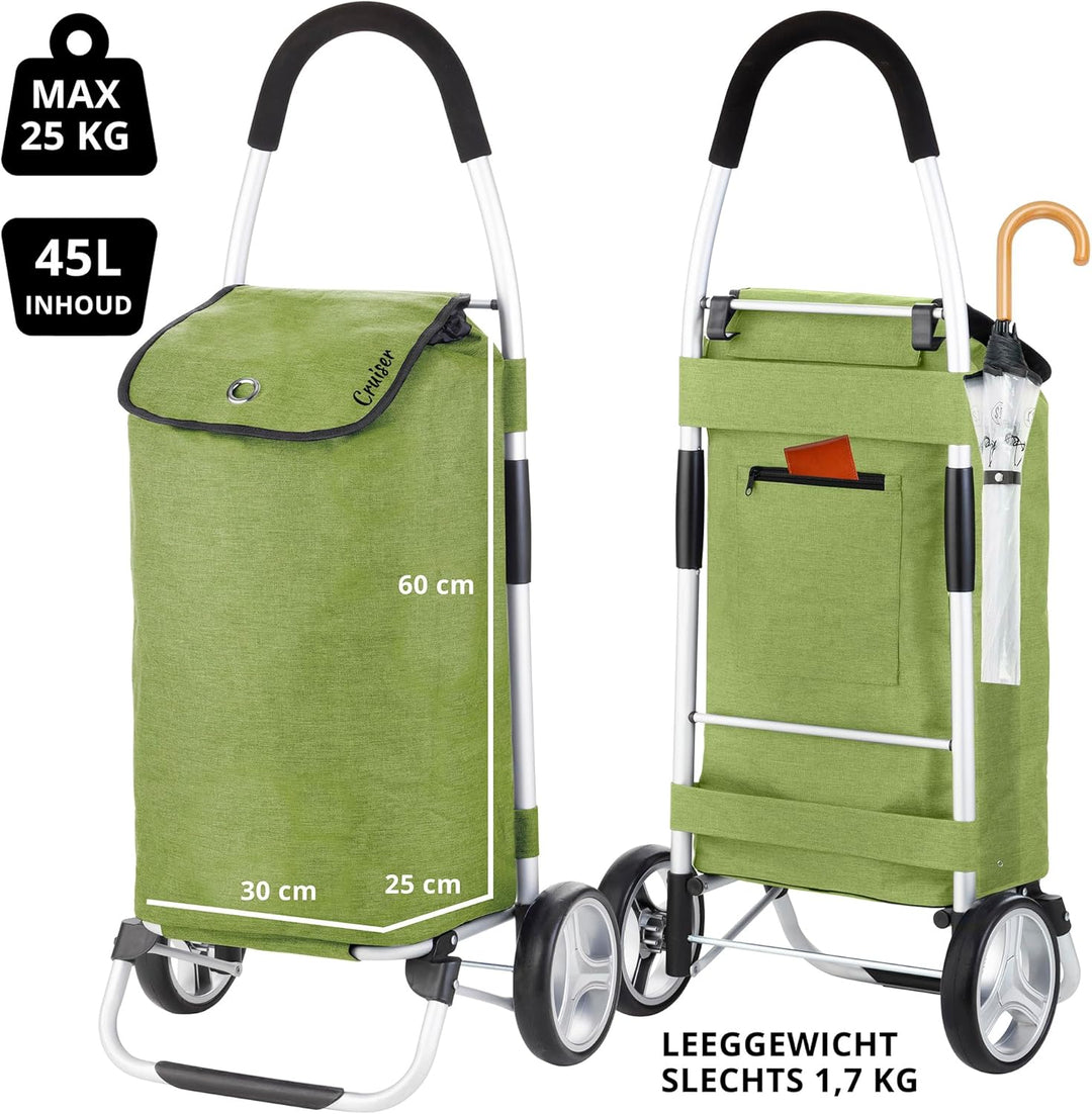 Cruiser Einkaufswagen 45ltr - Faltbare einkaufstrolley klappbar - Mit ladenhaken (Grun), Grun