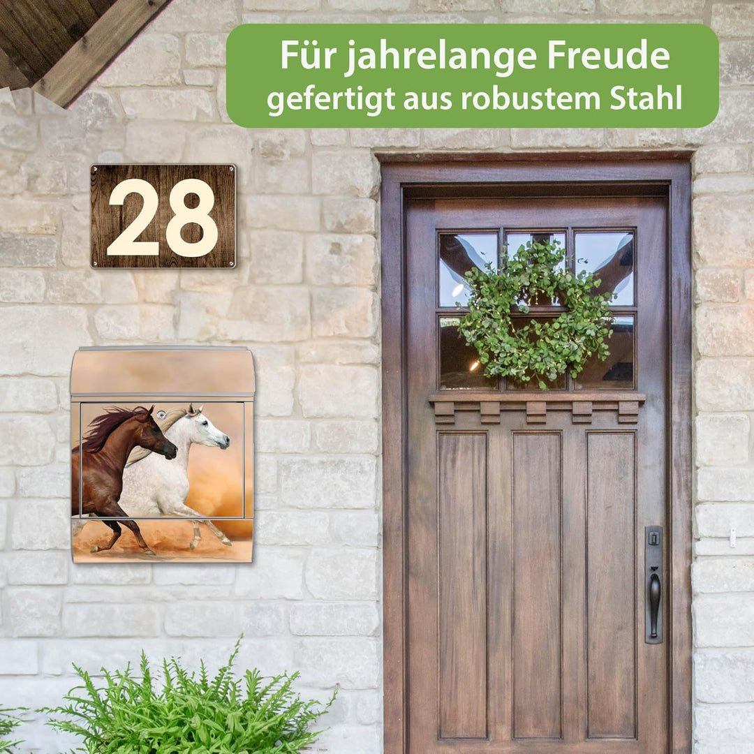 banjado® Design Briefkasten mit Motiv Wilde Pferde 39x47x14cm &amp; 2 Schlüssel - Briefkasten Stahl Silb