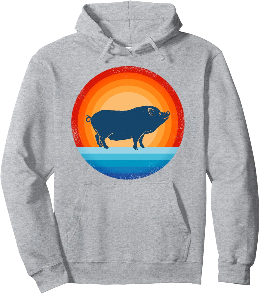Schweinchen Retro Vintage 70er Jahre Sonnenuntergang Bauernhof Tier Bauern Männer Frauen Pullover Ho